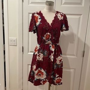 NWT Band of Gypsies maroon floral mock wrap mini dress with flounce sleeve M